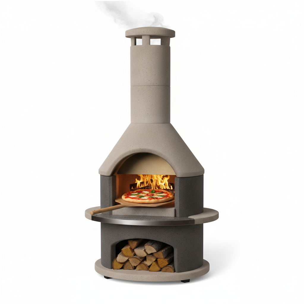 Concrete Outdoor Fireplace with Grill, Wood Burning Fireplace with Wood Storage and Chimney, Include Grill Rack & Charcoal Pan, 81.9”H