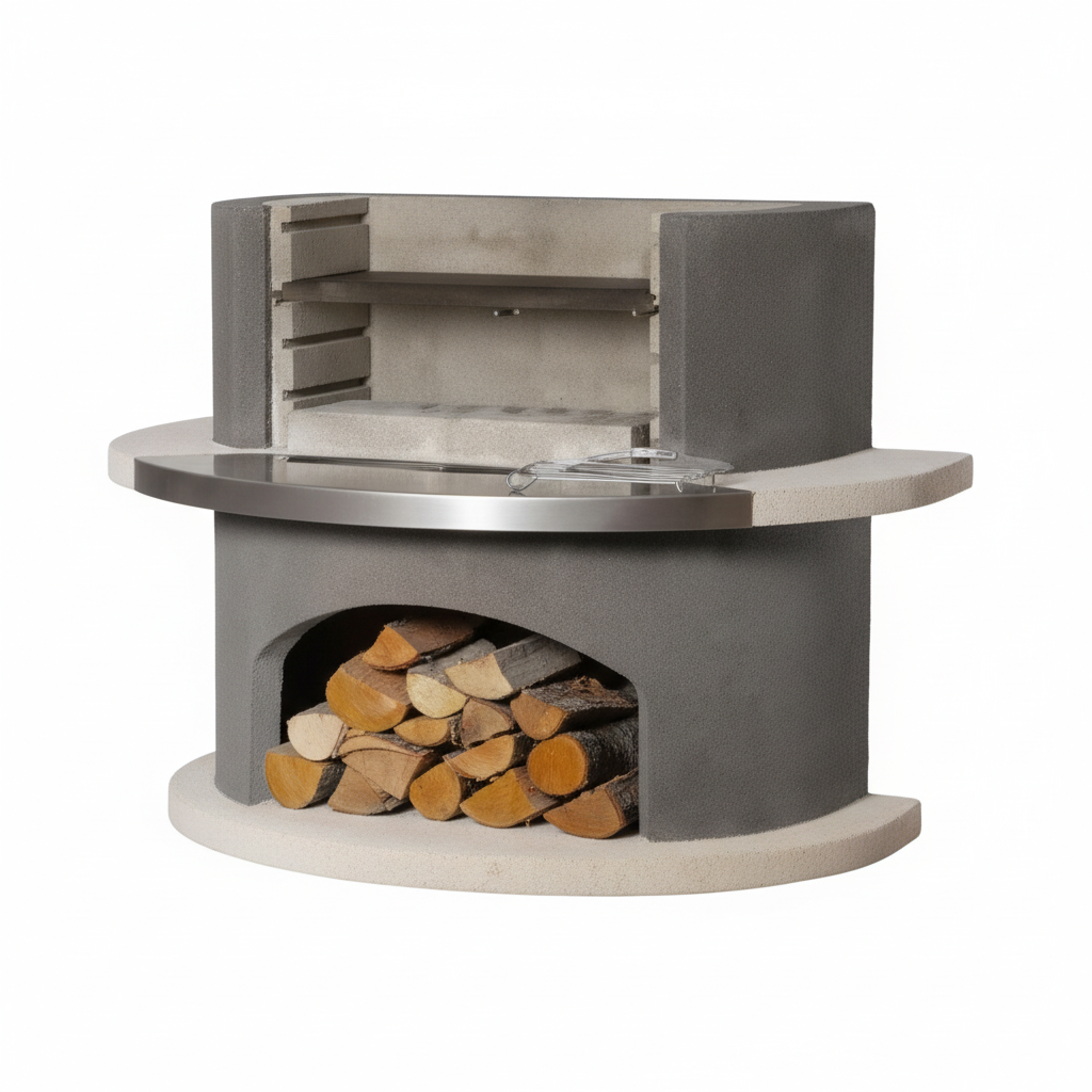 Concrete Outdoor Fireplace with Grill, Wood Burning Fireplace with Wood Storage and Chimney, Include Grill Rack & Charcoal Pan, 81.9”H