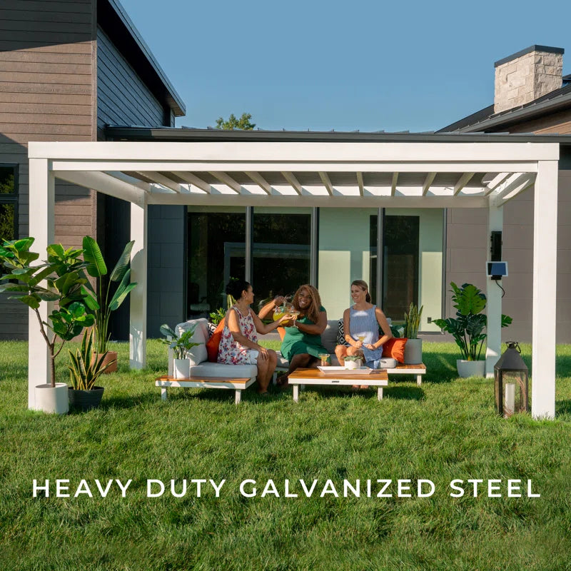 Windham 14' X 10' Modern Galvanized Steel Outdoor Patio Pergola Kit with Shade Sail Canopy and Powerport