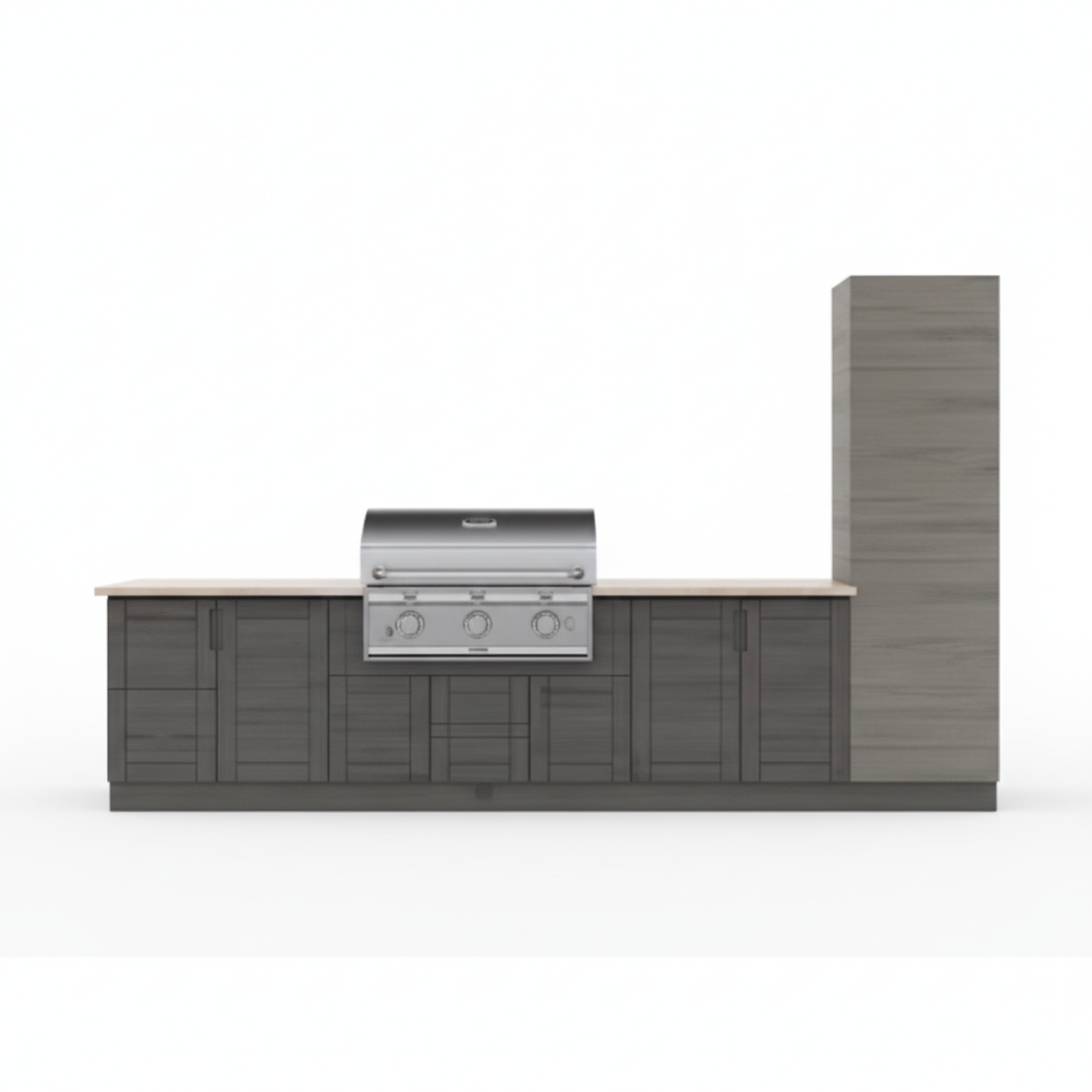 Sanibel Dark Ash 17-Piece 121.25 In. X 34.5 In. X 28 In. Outdoor Kitchen Cabinet Island Set