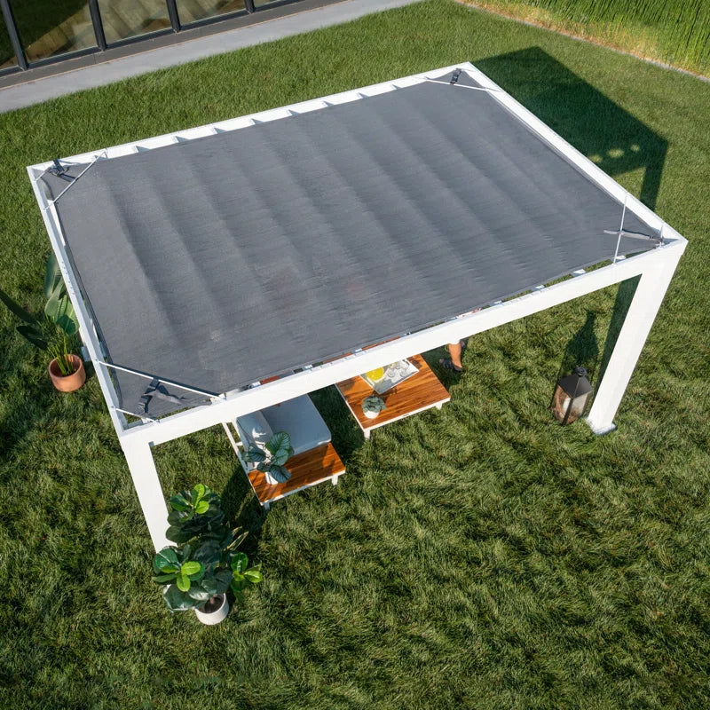 Windham 14' X 10' Modern Galvanized Steel Outdoor Patio Pergola Kit with Shade Sail Canopy and Powerport