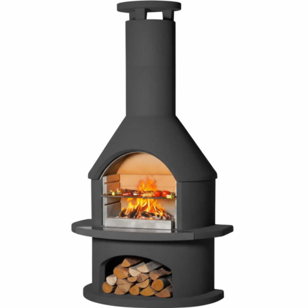 Concrete Outdoor Fireplace with Grill, Wood Burning Fireplace with Wood Storage and Chimney, Include Grill Rack & Charcoal Pan, 81.9”H